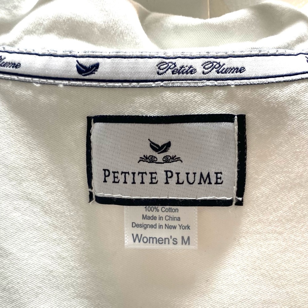 Petite Plume Women's White 100% Cotton Button-Down Nightshirt Navy Piping M - Picture 2 of 6